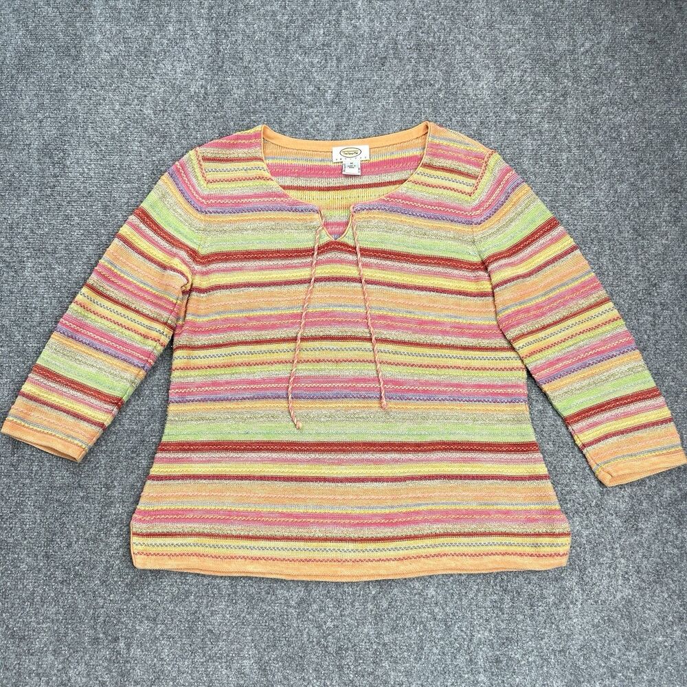 Talbots Petites Sweater Womens Medium Petite Multi Striped 3/4 Sleeve Tie Front